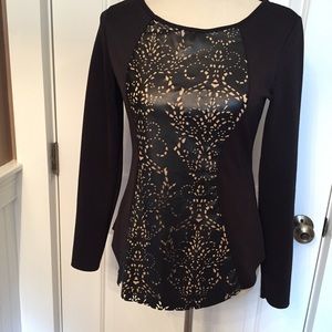 KAY CELINE TOP TEE BLACK CUTOUT PANEL LONG SLEEVE Size S